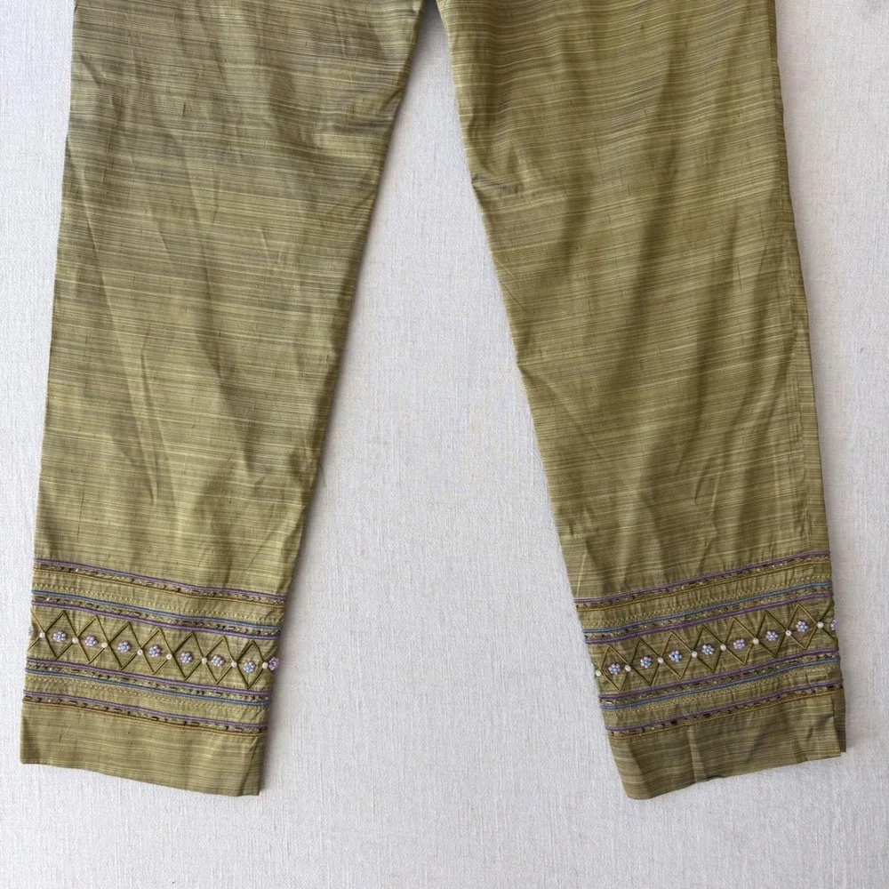 Muse 2 Piece Pant Set Womens 8 Green 100% Silk Beaded Embroidered Crop Top Pants